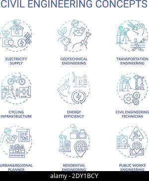 Civil engineering blue gradient concept icons set Stock Vector