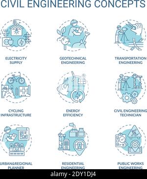 Civil engineering turquoise concept icons set Stock Vector
