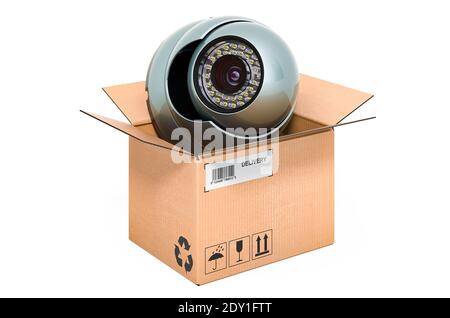 Security camera inside cardboard box, delivery concept. 3D rendering ...