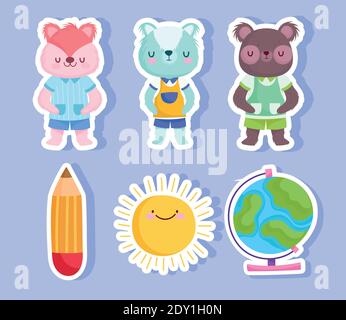 Back to school animals cartoons and stickers design, eduacation class and lesson theme Vector illustration Stock Vector