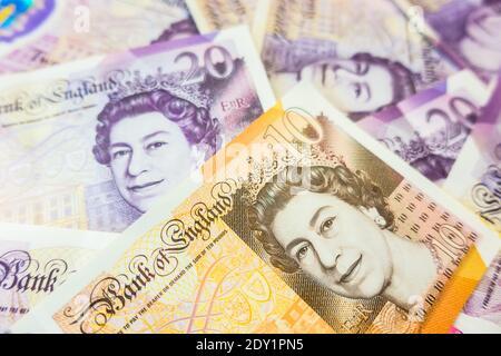 English Sterling polymer current notes in denominations of twenty Stock Photo