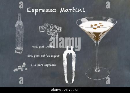 Espresso Martini Cocktail recipe sketched on Slate blackboard. Stock Photo