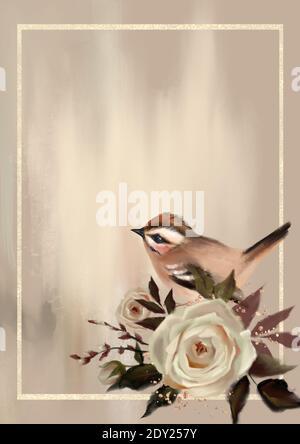 Flowers and bird. Greeting card design. Digital painting Stock Photo