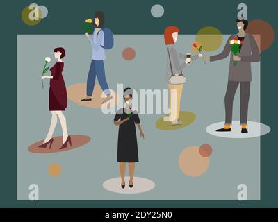 Random acts of kindness day. Man giving roses to women. Vector illustration. Stock Vector