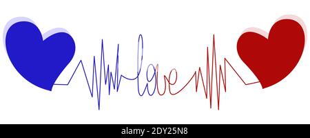 Heartbeat pulse and word Love. Two hearts with shadow. Isolated vector illustration on a white background. Stock Vector