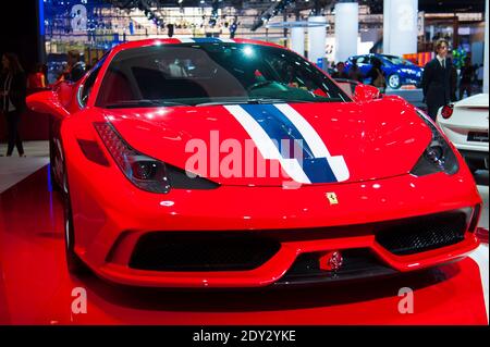 The new Ferrari 458 Speciale during the press day of the Paris Motor Show, known as Mondial de l'Automobile in Paris, France, on October 2, 2014. Photo by Nicolas Genin/ABACAPRESS.COM Stock Photo