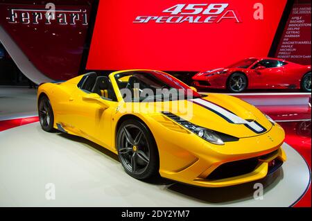 The new Ferrari 458 Speciale A during the press day of the Paris Motor Show, known as Mondial de l'Automobile in Paris, France, on October 2, 2014. Photo by Nicolas Genin/ABACAPRESS.COM Stock Photo