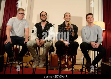 Gustav Schaefer, Tom and Bill Kaulitz and Georg Listing from German band Tokio Hotel performs live during a showcase before a press conference about new album 'Kings of Suberbia' held at Hotel de Sers in Paris, France on October 8, 2014. Photo by Nicolas Briquet/ABACAPRESS.COM Stock Photo