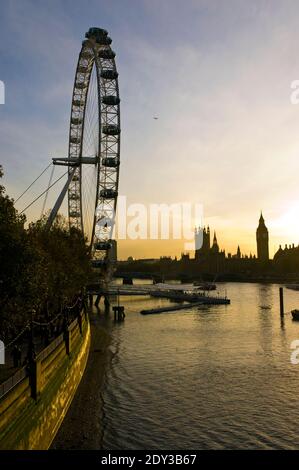 The Houses of Parliament and Big Beat sunset, seen behind the London Eye, a giant Ferris wheel on the South Bank of the Thames, London, England. Stock Photo