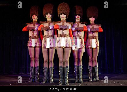 EXCLUSIVE. Crazy Horse dancers during the fitting of their chocolate outfit  by chocolate master Patrice Chapon during a rehearsal at the Crazy Horse in  Paris, France on October 9, 2014 on the