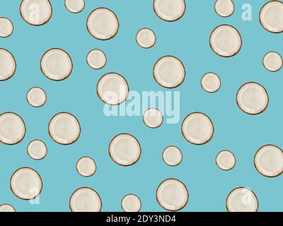 minimalistic tropical pattern with exotic coconut fruit on a blue background Stock Photo