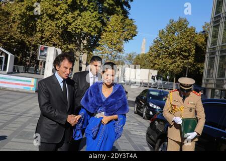 Institut du Monde Arabe President Jack Lang welcomes Princess Lalla Meryem of Morocco as she arrives for the official opening of the exhibition 'Le Maroc contemporain' (Contemporary Morocco) at Institut du Monde Arabe in Paris, France on October 14, 2014. Photo Pool by Hamilton/ABACAPRESS.COM Stock Photo