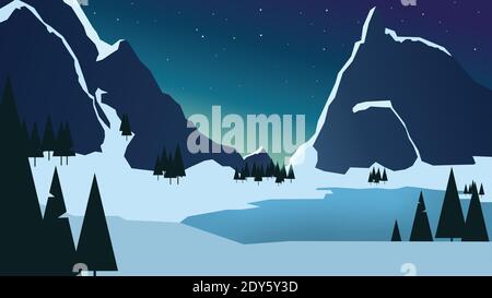 Vector Winter mountain Landscape with beautiful starry sky around the Mountain. Giant lac with Fir. Flat design and low poly design. Vector landscape Stock Vector