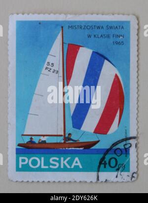 Kharkiv, UKRAINE - 12.12.2020: A stamp printed in Poland shows a yacht with name of the series, circa 1965 Stock Photo