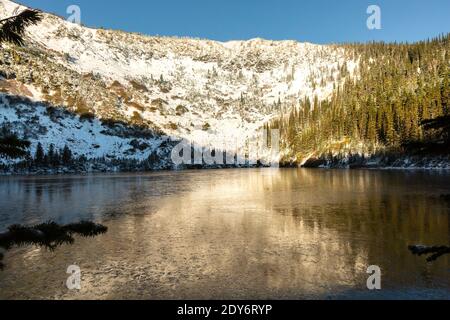 Frozen lake and snow covered forest Stock Photo - Alamy