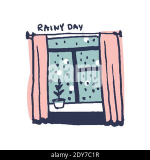 Window at rainy day in cute cozy hugge cartoon style illustration Stock Vector