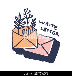 Letter envelop wit plants in cute cozy hugge cartoon style illustration Stock Vector