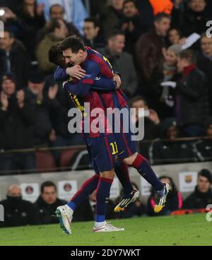 FC Barcelona's Lionel Messi hugging Neymar jr after his 2-1 goal during the UEFA Champions League soccer match, FC Barcelona Vs Paris Saint-Germain at Camp Nou in Barcelone, Spain on December 10, 20114. Barcelona won 3-1. Photo by Giuliano Bevilacqua/ABACAPRESS.COM Stock Photo