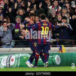 FC Barcelona's Neymar, left , has just shot the 2-1 goal in here with Luis Suarez in the middle and Lionel Messi arriving all during the UEFA Champions League soccer match, FC Barcelona Vs Paris Saint-Germain at Camp Nou in Barcelone, Spain on December 10, 20114. Barcelona won 3-1. Photo by Giuliano Bevilacqua/ABACAPRESS.COM Stock Photo