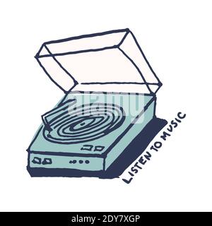 Vintage vinyl player in cute cozy hugge cartoon style illustration Stock Vector