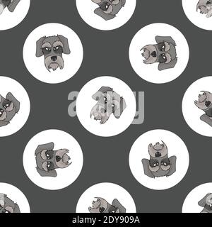 Hand drawn cute Schnauzer dog face breed in polka dot seamless vector pattern. Purebread pedigree puppy domestic on dotty background. Dog lover German Stock Vector