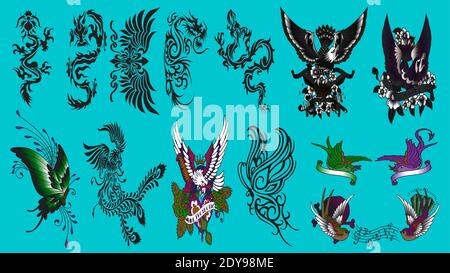 Set of colorfull and black tattoos at traditional vintage style.  symbols Stock Vector
