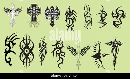 Set of colorfull and black tattoos at traditional vintage style.  symbols Stock Vector