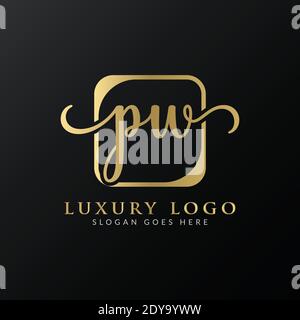 Initial letter P & W PW luxury art vector mark logo, gold color on black  background. Stock Vector