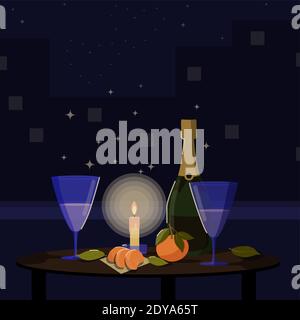 Evening by candlelight on the background of the city and the starry sky. Romantic dinner with champagne. Vector illustration Stock Vector