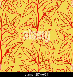 seamless pattern with berries and leaves of snowberry. Doodle. Vector illustration of a red outline on a yellow background. Stock Vector