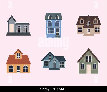 colorful classic houses over pink background, colorful design, vector illustration Stock Vector