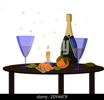 Romantic dinner. On the round table there is a candle, a bottle of champagne, glasses, tangerines. Vector illustration on a white isolated background Stock Vector