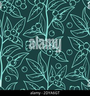 Seamless pattern with berries and leaves of snowberry. Doodle. Vector illustration of a light green outline on a dark green background Stock Vector
