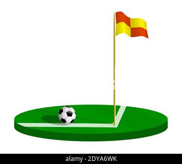 soccer ball with fottball coner flag on pole on green field. Soccer field borders marked with flag. Active lifestyle. Isometric vector isolated on whi Stock Vector
