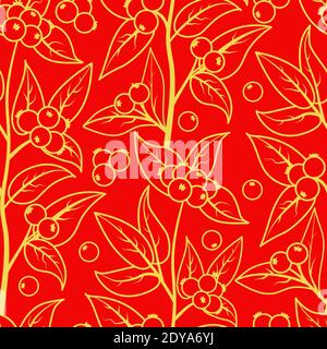 seamless pattern with berries and leaves of snowberry. Doodle. Vector illustration of a yellow outline on a red background. Stock Vector