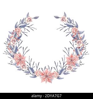 Winter wreath with red and white flowers, berries, snow-like, sharp-faced and decorative twigs. Watercolor illustration Stock Photo