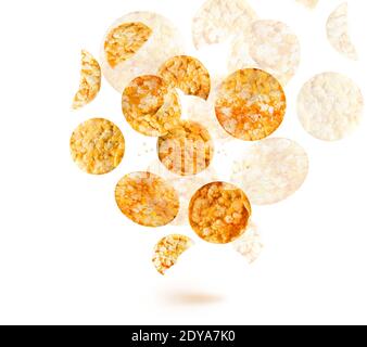 Photo of salted corn chips isolated on white background. Example of chips useful for advertising a snack Stock Photo