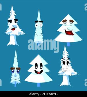 Cartoon winter pine trees with faces. Collection of cute forest trees.White pine characters collection. Funny holiday vector illustration. Stock Vector