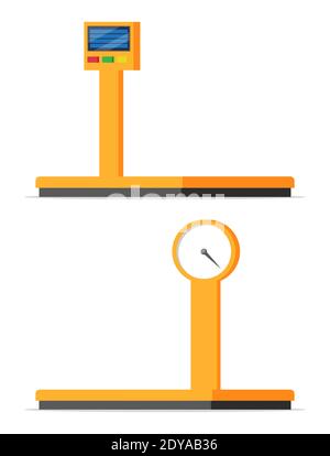 Industrial cargo weight scales. Weight of goods. Logistic and distribution, parcel package, cardboard boxes. Empty scale isolated on white. Warehouse service, delivery. Flat vector illustration Stock Vector