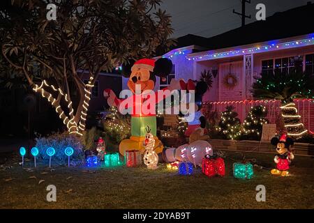 A Christmas display at a residence, Thursday, Dec. 24, 2020, in Montebello, Calif., Calif. Stock Photo