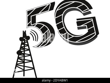 5g network tower clip art. 5g network icon, isolated on white background. 5g internet, vector illustration, black and white color. Stock Vector