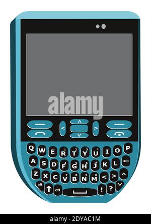 Qwerty keypad mobile phone, vector clip art. Isolated sky blue cellphone icon on white background. Stock Vector