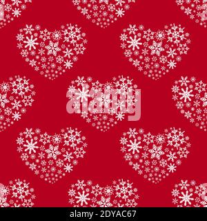 Winter seamless pattern with snowflakes heart on red background. New Year backdrop. Vector flat symmetric Christmas ornament for fabric, textile, wrap Stock Vector