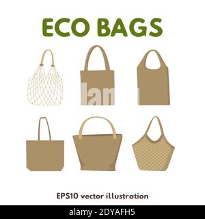 Eco friendly fabric bags. Icons set on white background, vector illustration. Reusable textile handbags Stock Vector