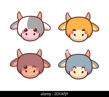 set little oxes heads chinese happy new year celebration cute cows mascot cartoon characters collection vector illustration Stock Vector