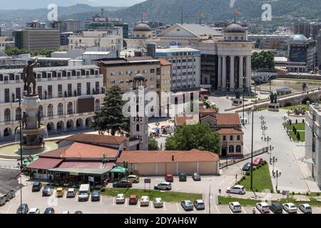 Views from Kale Fortress: Rebellion Square with the Warrior Monument behind (Philip of Macedon), Warrior statue, Plostad Karposovo Vostanie, Church St Stock Photo