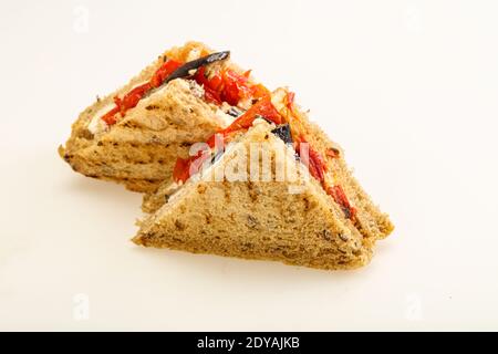 Vegetarian Club sandwich with eggplant and cheese Stock Photo