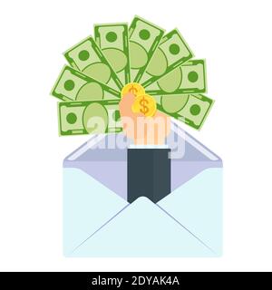 Hand with money pops out of envelope. Payment of services, bribe. Stock Vector