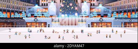 people skating on ice rink on central city square new year christmas winter holidays celebration concept cityscape background horizontal vector illustration