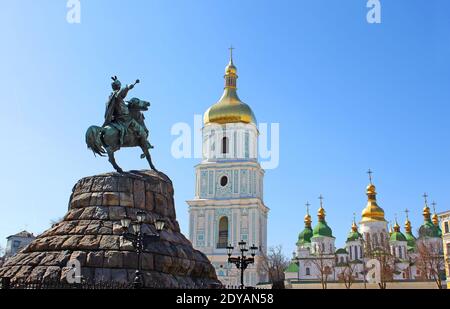 Historic monument to Hetman Bogdan Khmelnitsky and Saint Sophia Cathedral on Sofia square in Kyiv, Ukraine Stock Photo